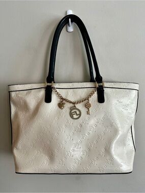 FRANK Lyman Designer Cream Tote Bag  Full Zip Black Handles Gold Charm